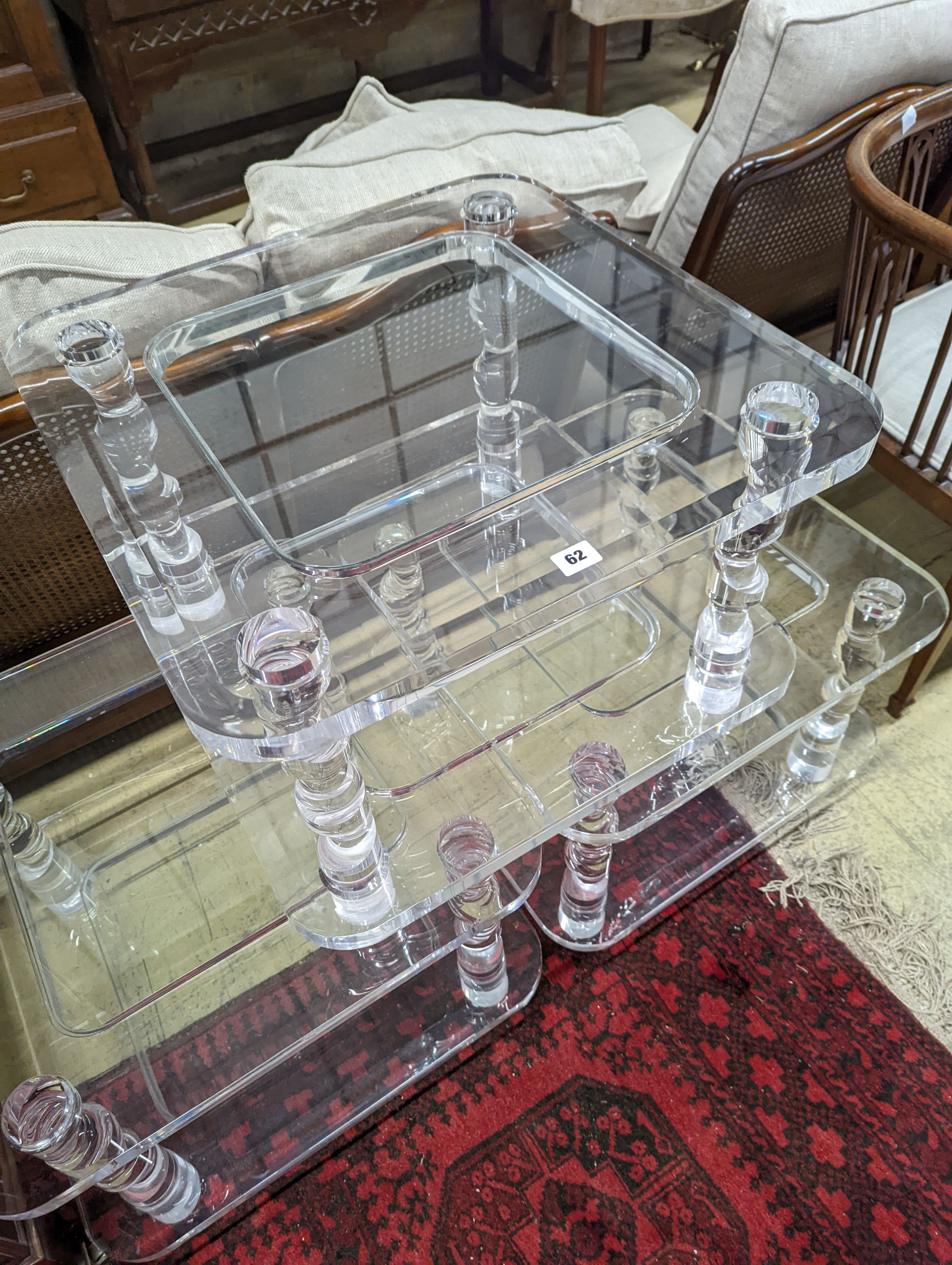 A set of three contemporary square perspex and glass two tier occasional tables, width 60cm, height 40cm